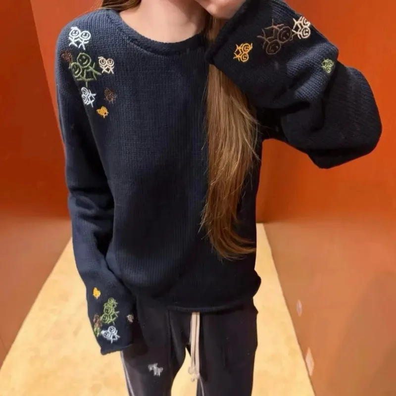 Women Crew Neck Knit Sweater Stick Figure Embroidery Long Sleeve Lazy Style Pullover Jumper