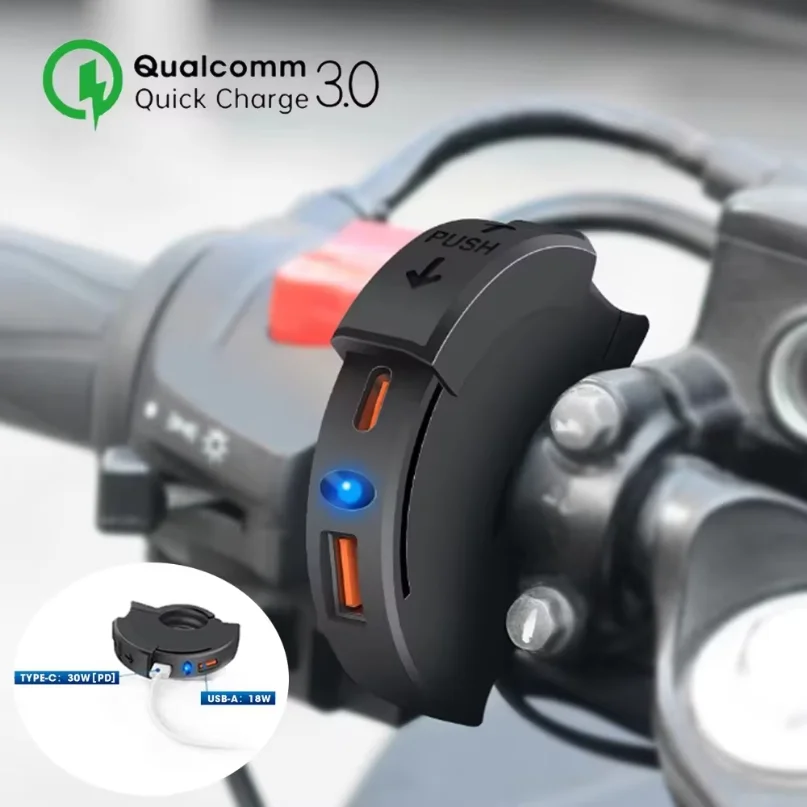 QC3.0 Motorcycle USB Fast Charger 30W Type C Port Socket Waterproof Handlebar Mounting Bracket Phone Charger For Bike Moto