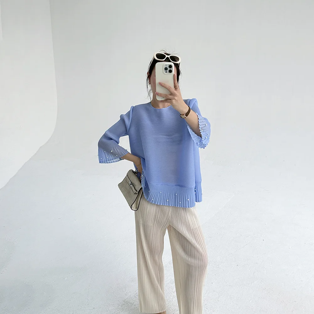Miyake 2025 New Pleated Beaded Flared Sleeves Round Neck Thin Blouse Temperament Hundred Hundred Split Sleeve T-shirt Female