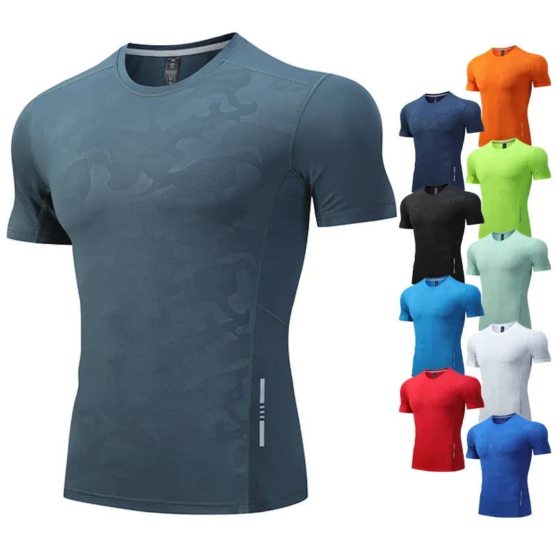 

Dry Fit Men Running Shirt Tops Fitness Compression Gym Polyester Sports T-shirt Outdoor Workout Training Muscle Fit Clothing