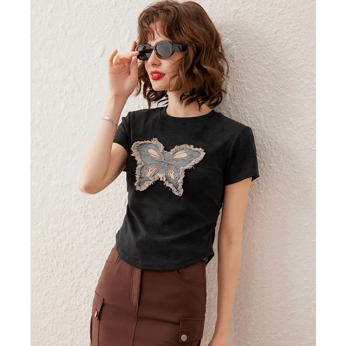 LOUIS YAO Women Tee Fashion Butterfly Washed Embroidery Summer T-shirt 2024 Casual O Neck Short Sleeve Slim Fit Pullover Top