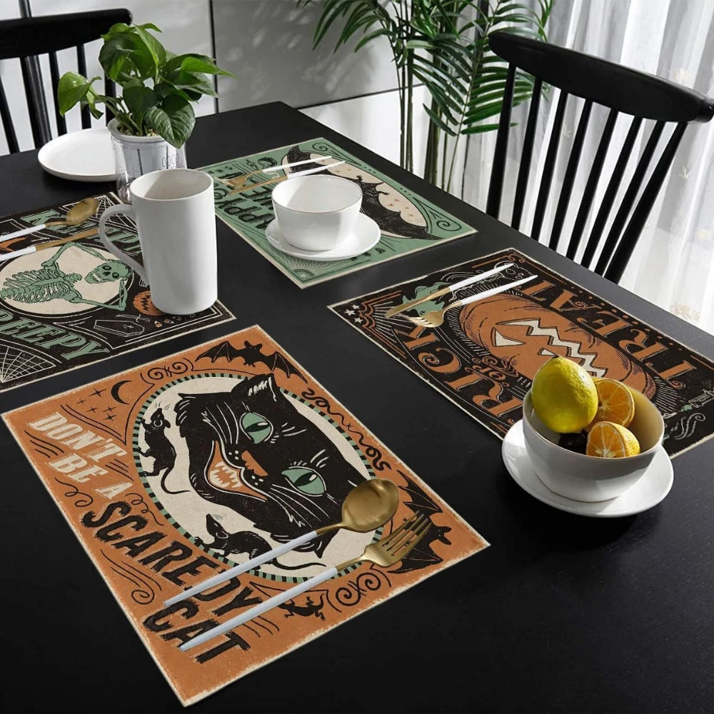Set Halloween-Tischsets mit Kürbismuster, wärmeisolierende Tischsets für Esstisch, Kaffeetasse, Küchenutensilien, Urlaubsdekoration