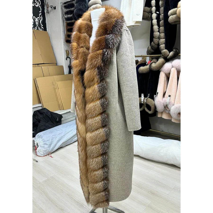 Real Fur Jacket Women Wool Blends Coat With Natural Fox Fur Trim Long Wool Fur Coat Winter Clothes For Women Trending Luxury