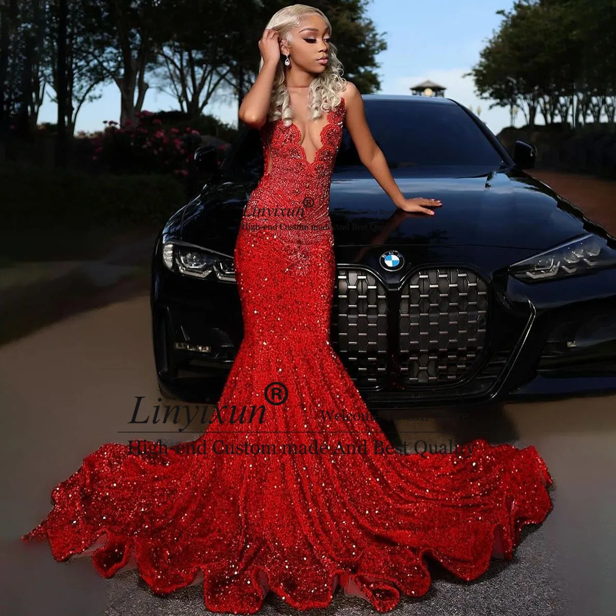 Exquisite Red Sequins Prom Dresses For Black Girls 2024 Sleeveless Crystals Mermaid Party Gowns Evening Dress vestidos de gala