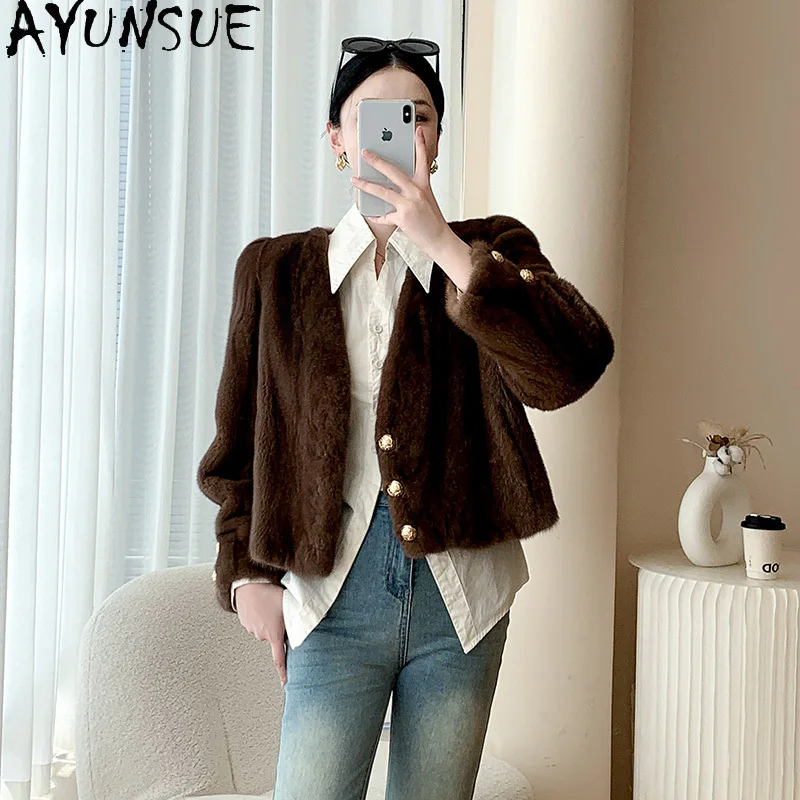 AYUNSUE Naturalna Kurtka z Futra Norki Damska Dekolt V Prawdziwe Futro Kurtki Damskie Odzież Wysokiej Jakości Cała Norka 2025 Zima Abrigo Mujer