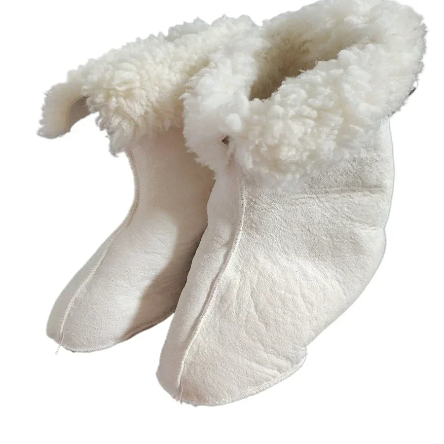 Chaussettes en peau de mouton avec fourrure épaisse, pantoufles d'intérieur en cuir de peau de mouton pour hommes, chaussures en cuir véritable pour femmes, couvre-pieds chauds d'hiver