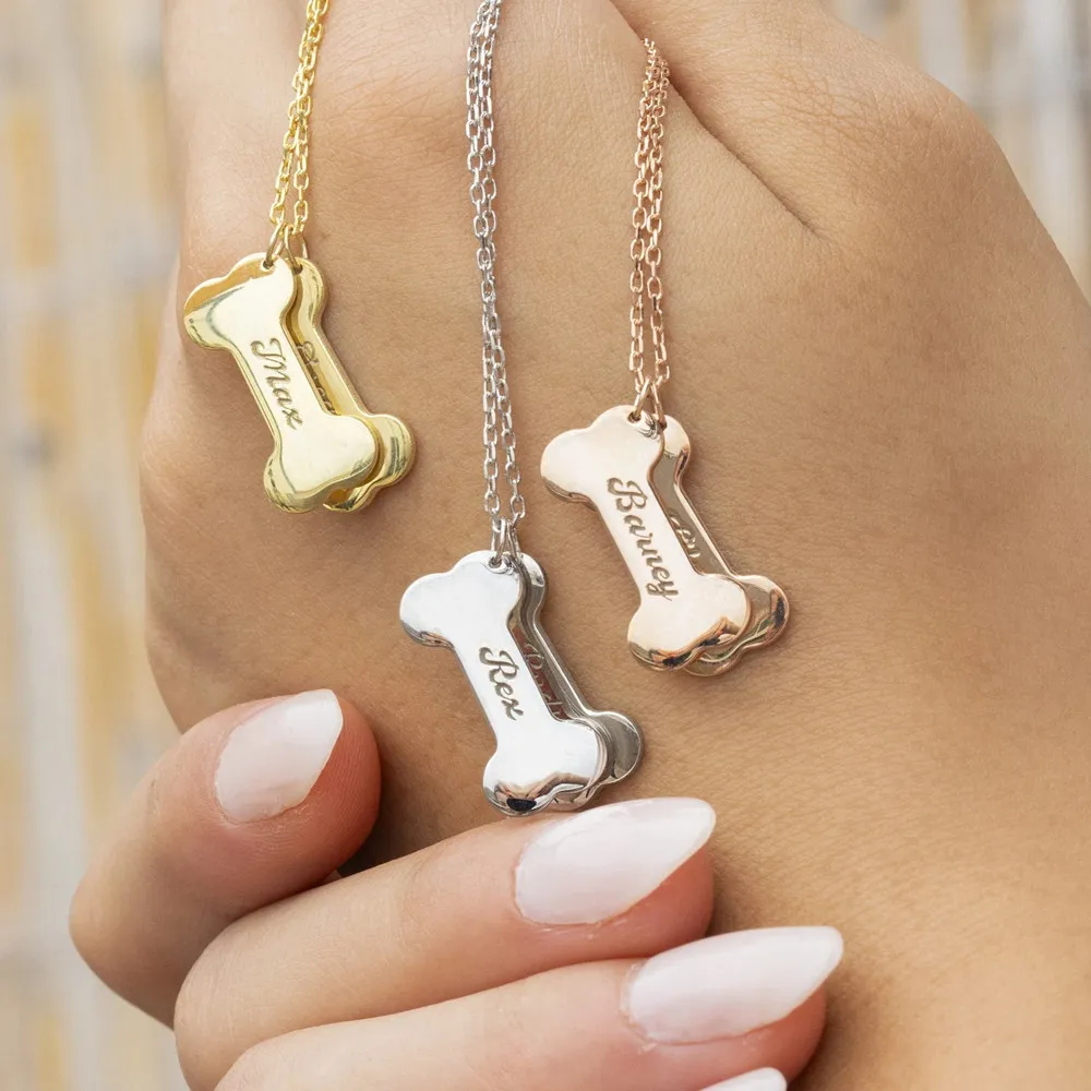 Custom Dog Bone Memorial Necklace Stainless Steel Personalized Names Necklaces Pet Jewelry Puppy Animal Pendant