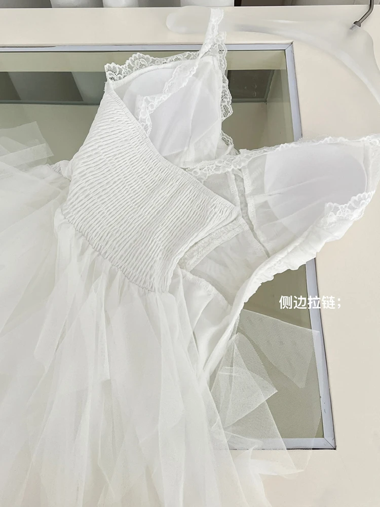 Luxury White Dress Sleeveless Tank Women Irregular Mesh Midi Dress Lace Spaghetti Strap Dress Gauze Elastic High Waist Dresses