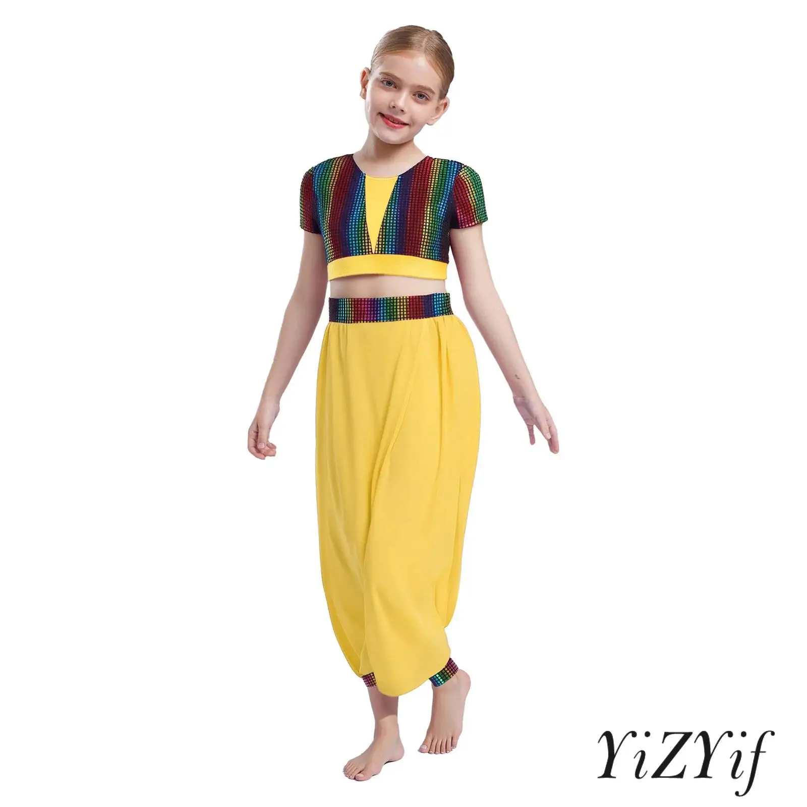 

‌Trendy Jazz Dance Costume Set for Kids Girls Sparkly Checkered Round Neck Top with Comfortable Stretch Pants for Dance Classes