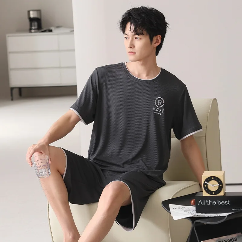 Men's Summer Sleepwear O Neck Nightwear Short Sleeves Shorts Pajamas Set Ice Silk Home Clothes Young Boy Pjs Pyjamas Hombre