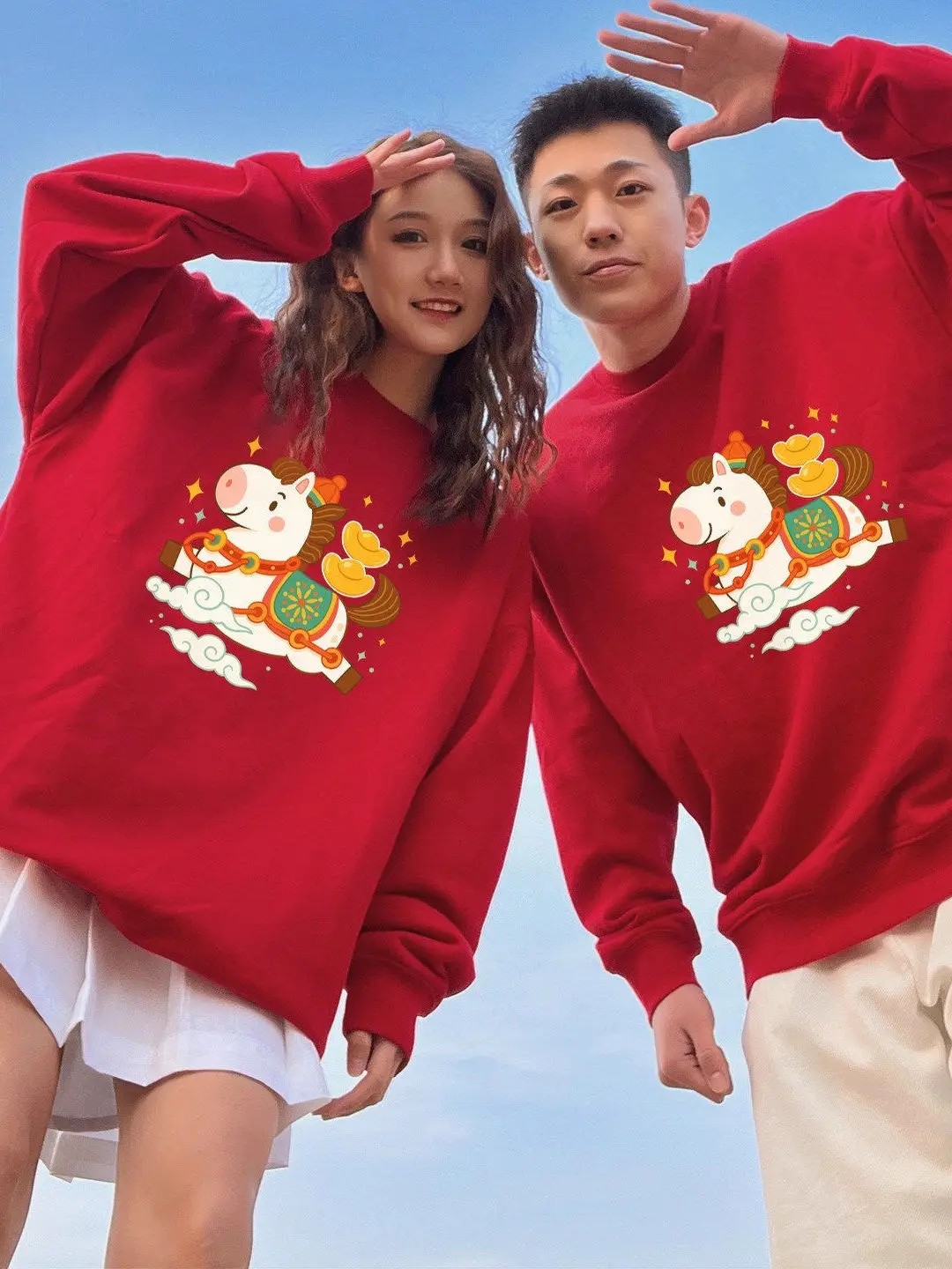 

plus Size Men's round Ne Sweatirt Red Faionable New Year Couple's Top Cotton Long Sve Breathable Warm Couple Wear