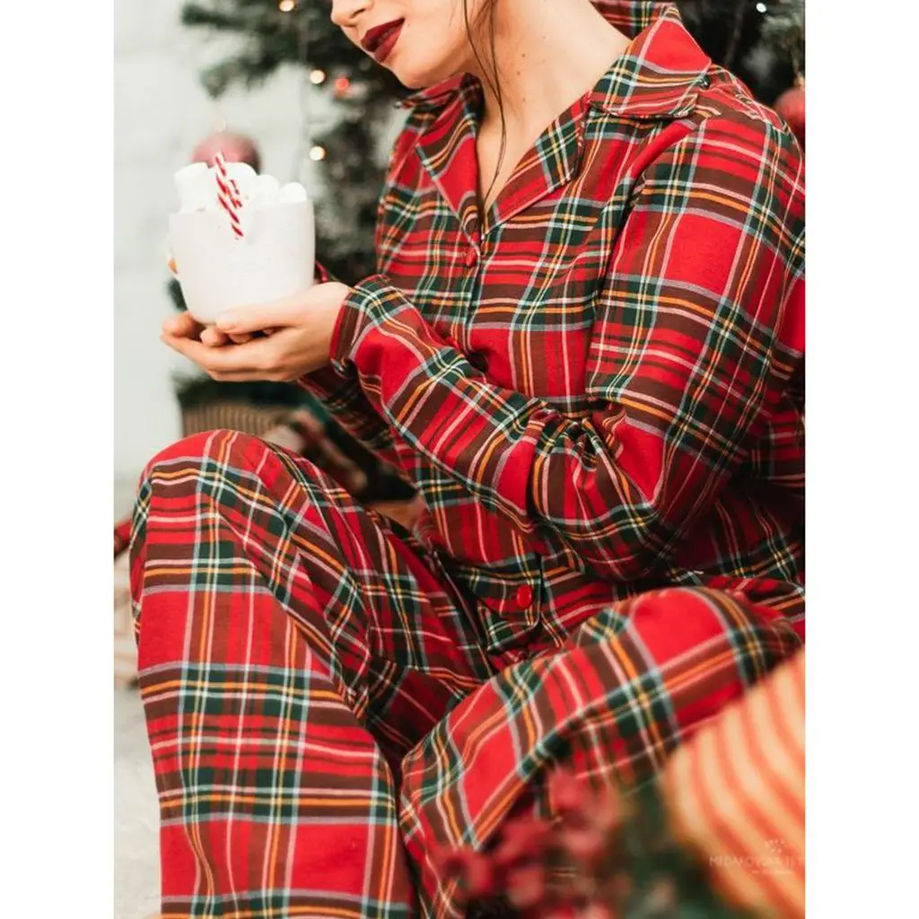 Combhasaki Women's 2Piece Christmas Plaid Print Pjs Loungewear Set Lapel Neck Button-down Shirts + Elastic Waist Pants Sleepwear