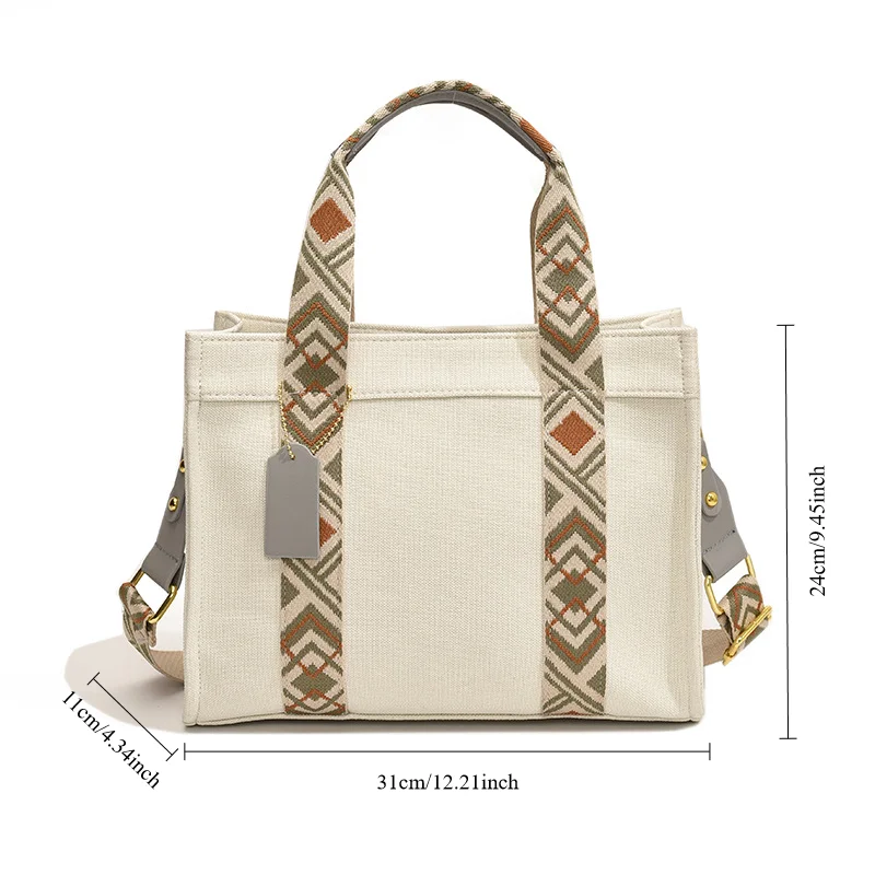 Canvas Patterned Handle Bag Women New Casual Natinoal Style Crossbody Bag Lightweight Large Capacity Commuter Shoulder Bag