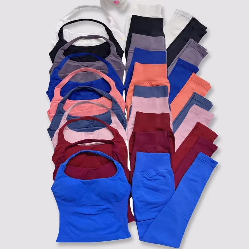 

2 Pieces Gym Set Women Backless Halter Tops High Waist Seamless trouser Gym Suit Fitness Clothes Sportswear Workout Sets