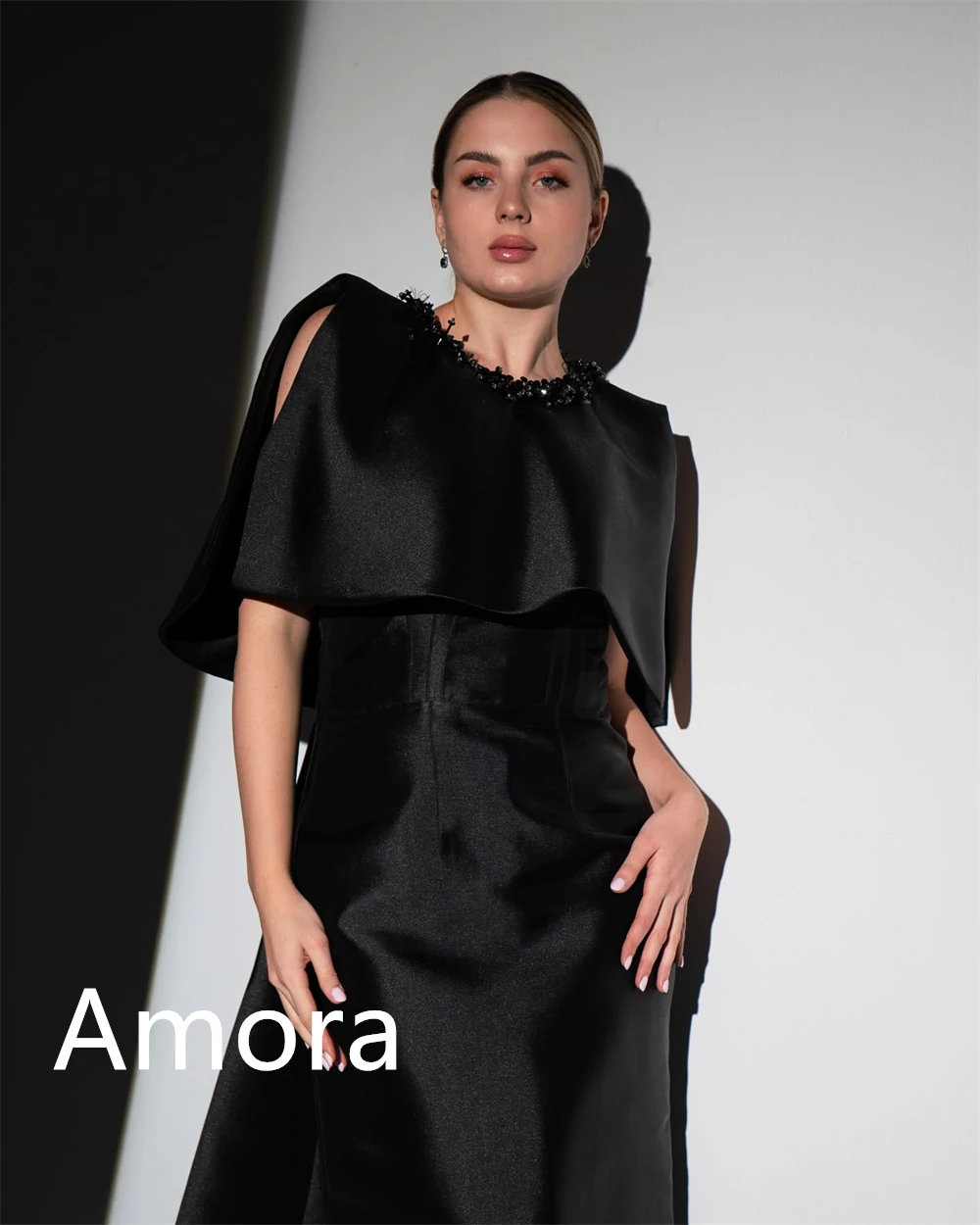 فستان سهرة فاخر من الساتان الأسود مخصص رائع برقبة دائرية وأكمام قصيرة شال بدون أكمام كريستال فساتين مناسبة مخصصة #5