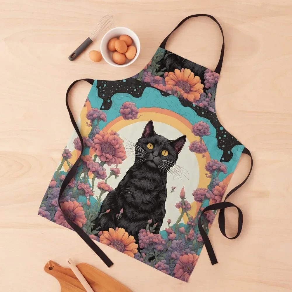 

Retro Black Cat with doddle floral Apron painting Home And Kitchen Apron