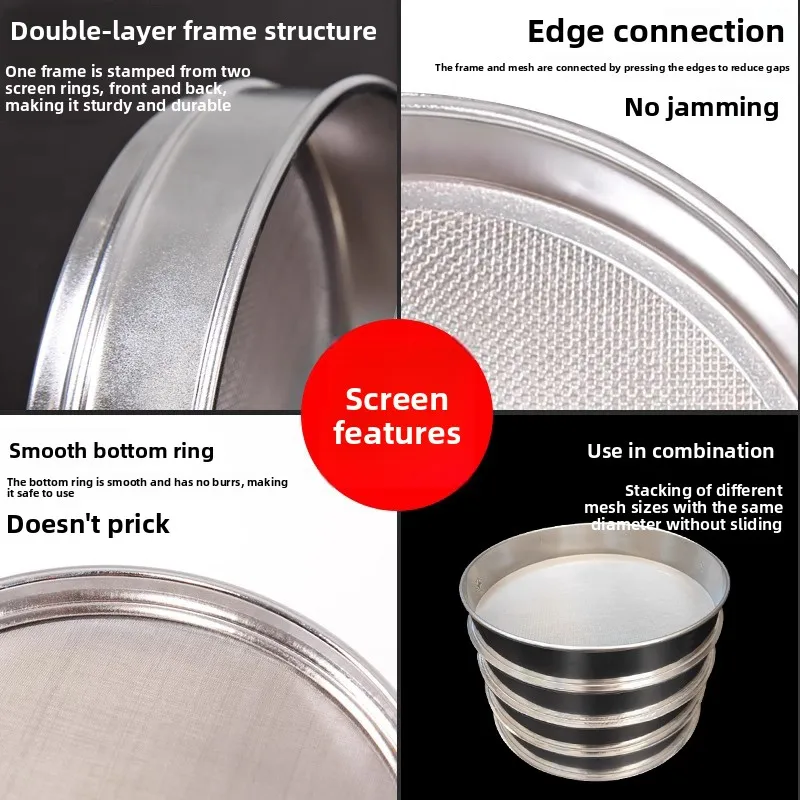 Lab Standard Sample Sieve 304 Stainless Steel 20cm Sieve Soil Sieve Mesh Double Layer Punch Frame Thick Durable