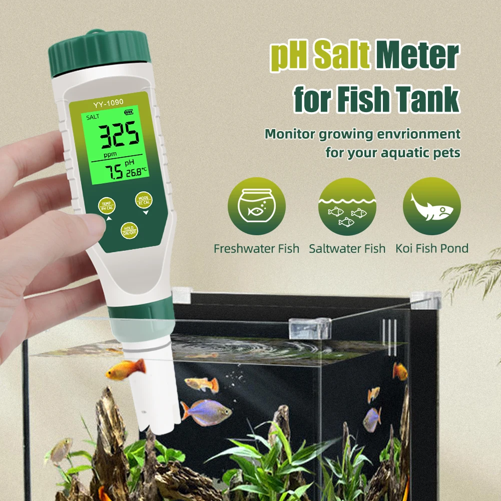 Yieryi الرقمية مقياس درجة الحموضة الملوحة TDS EC درجة الحرارة جهاز اختبار المياه المالحة 5 في 1 LCD المزدوج عرض Salimeter لأحواض السمك المائية بركة