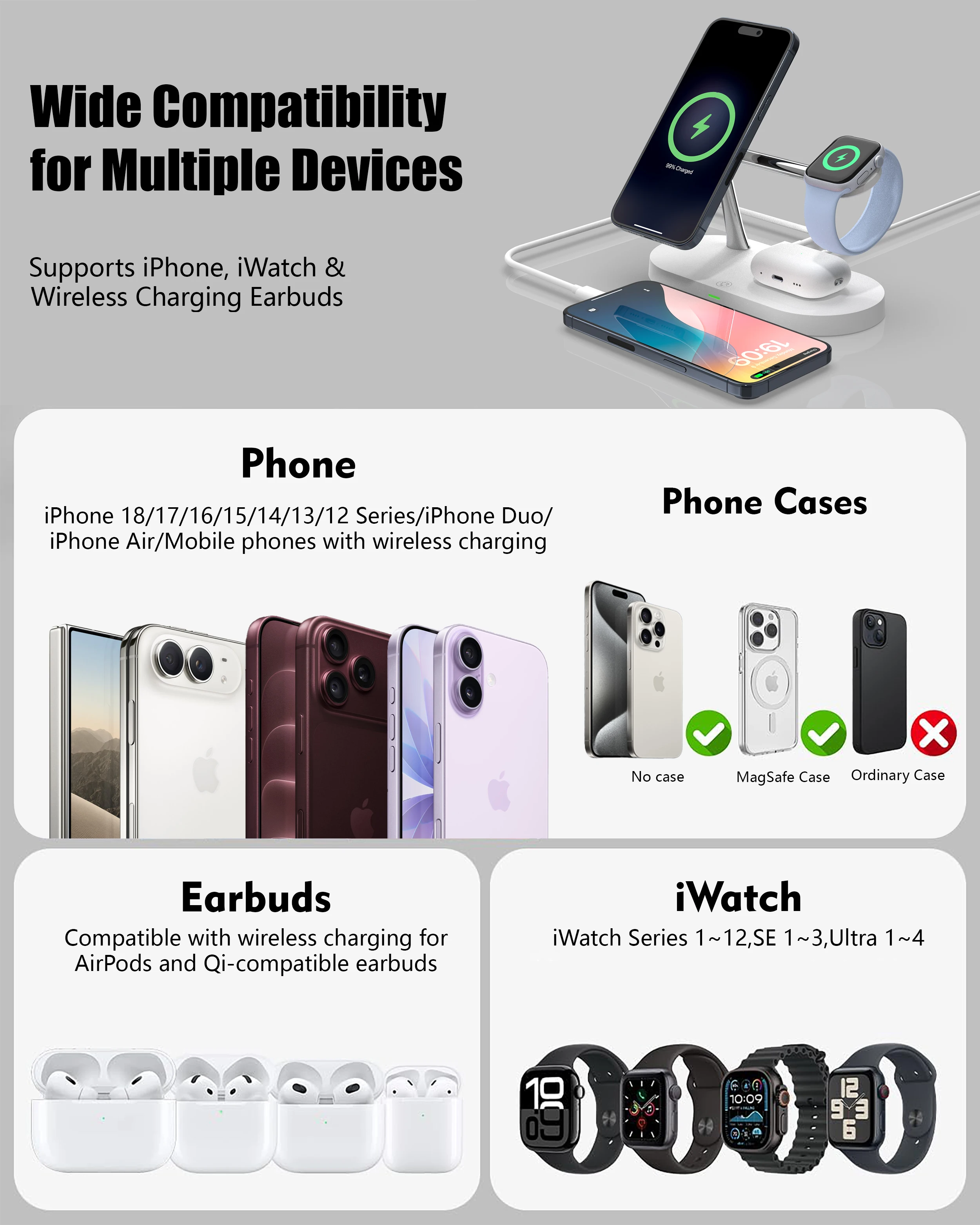Magnetic Wireless Charger Pad Stand Foldable for iPhone 18-12 Series Apple Watch AirPods 15W Fast Charging Dock Station Light