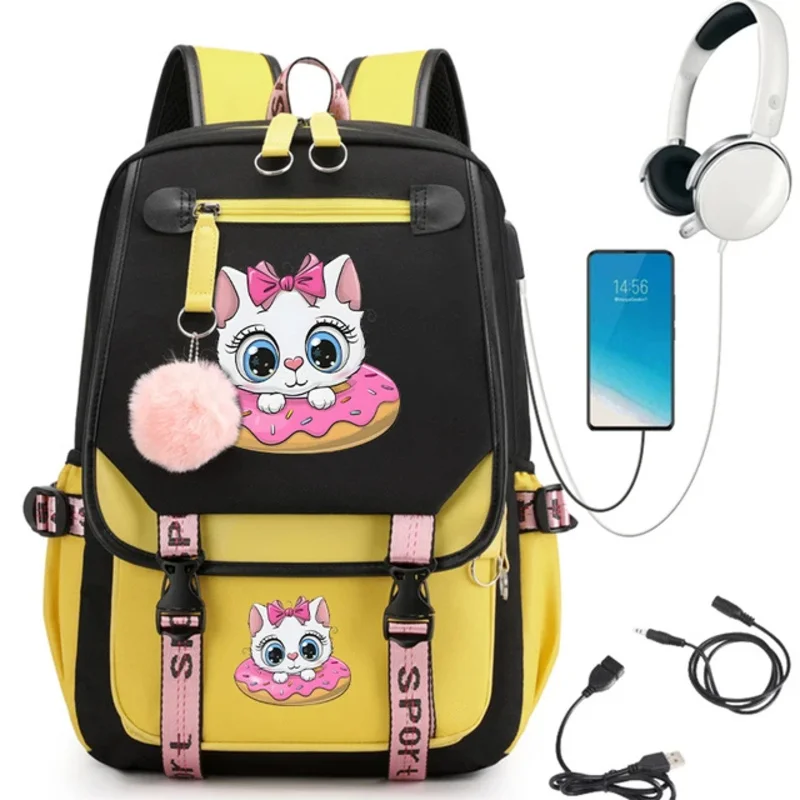 Sac à Dos en Toile Rose avec Chargeur USB pour Étudiant, Cartable pour Adolescent, Dessin Animé Chat Matut, Fille