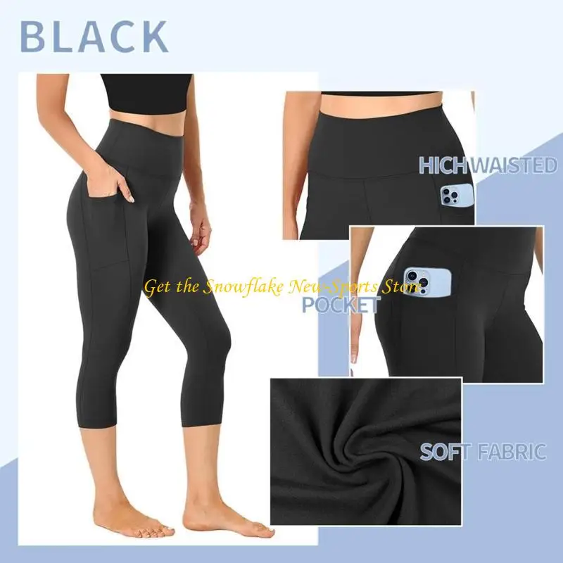 E56D Women Cropped Trousers with Pocket High Waist Belly Control Gym Workout Leggings