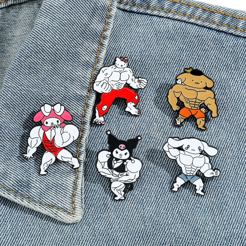 5Pcs/Set Cartoon Sanrio Brooch Enamel Pins Cute Creative Muscles Brooches Clothes Lapel Badges Jewelry Gifts for Kids Friends