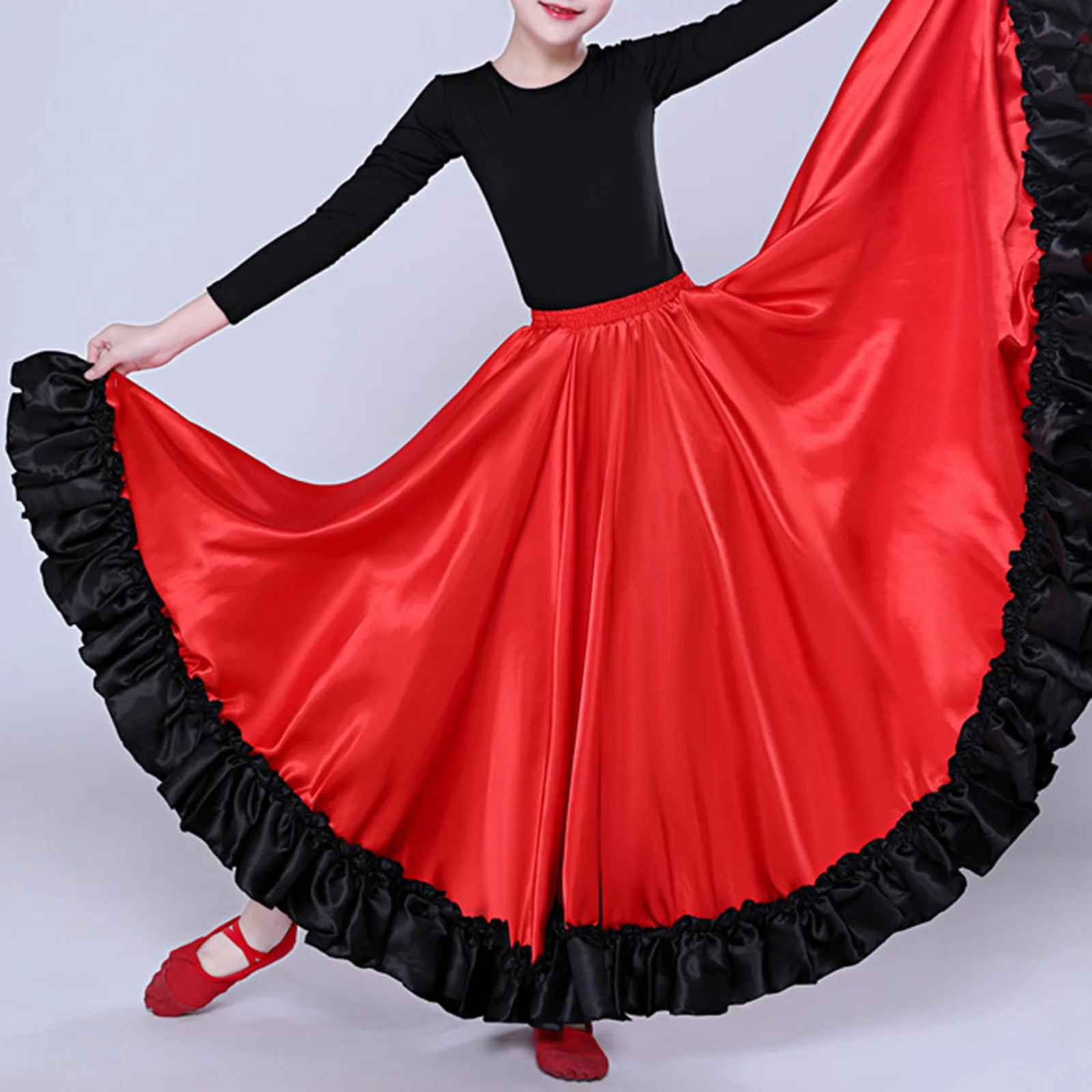 Girls Spanish Paso Doble Flamenco Latin Dance Skirt Big Swing Ruffled Hem Skirts Carnival Party Festival Performance Dancewear