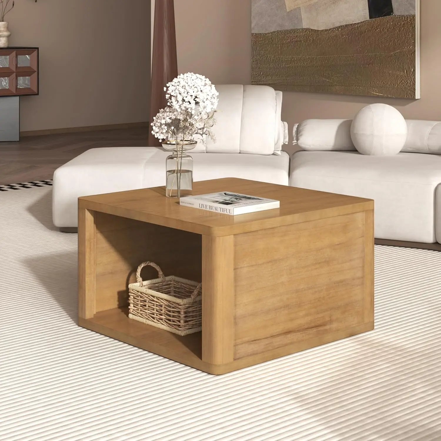Modern Rustic Natural Small Square Coffee Table - Wood Center Table with Open Storage Compartment,for Living Room Reception Room