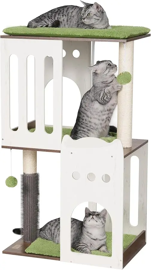 

FourFurPets 43.7in 3-Tier Modern Cat Tree Tower Condo, Cat Scratch Posts for Indoor Cats, Big Plate, Two 19.7in Full Sisal Scrat