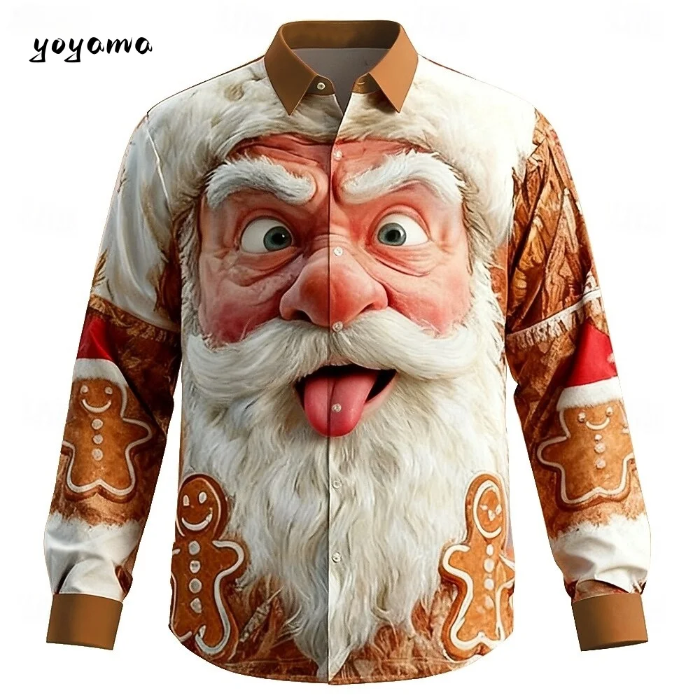 패션 남성용 재미있는 산타 얼굴 셔츠 3D 프린트 버튼업 칼라 2026 크리스마스 긴팔 상의 봄 가을 휴일 남성 셔츠