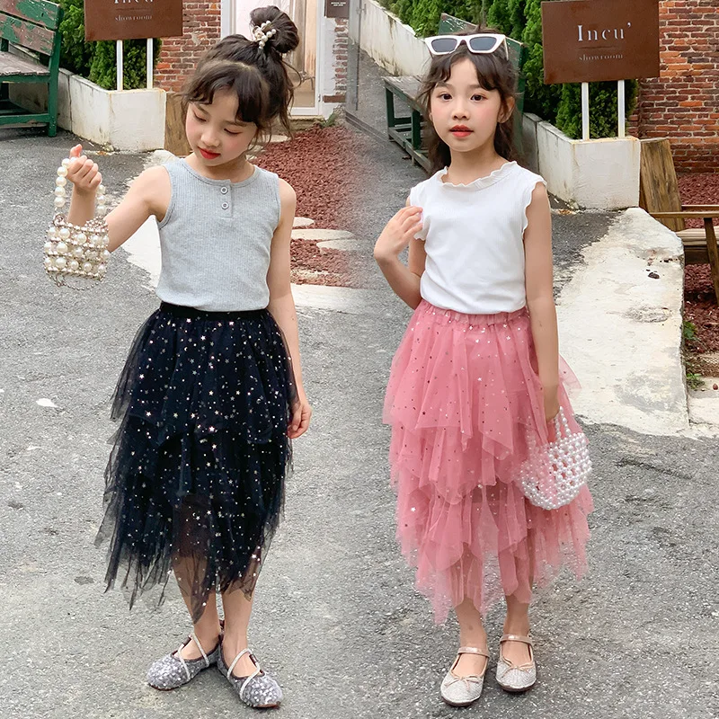 

2024 Korean Summer Teenager Girl 2PCS Clothes Set Children Girl Sleeveless Tops+Shiny Gauze Cake Skirt Students Clothes Sets