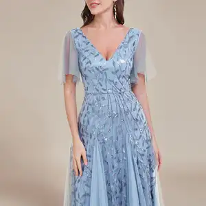 Elegantes Nachtkleid, Deep V Ausschnitt, gekräuselte Ärmel und kurze Ärmel, immer wunderschön 2025, himmlisch blau Gaze, Pailletten, Lady of Honor -Kleid 8 Hauptverkäufe Kurzausstellungspartykleider - №6