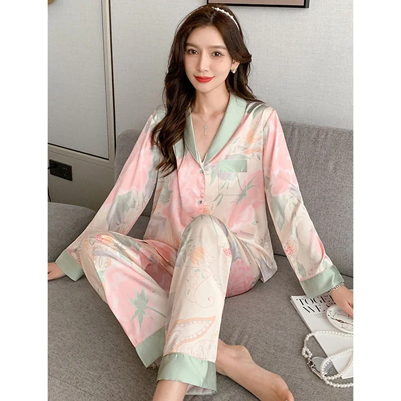 Spring Summer Faux Silk Pajamas for Women Lapel Cardigan Lounge Sets Womens 2 Piece Sweet Floral Home Wear Soft Sleepwear Pjs