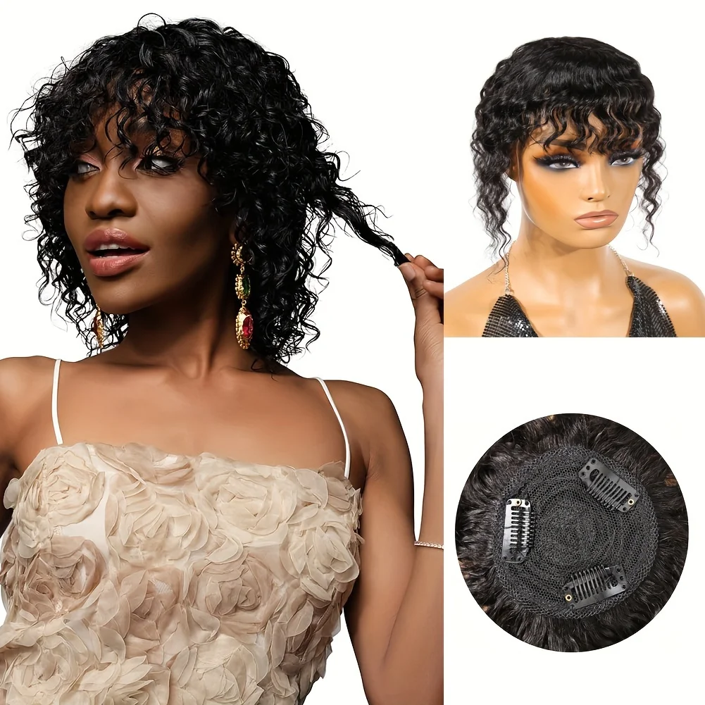 Deep Wave Topper Hair With Bangs Adding Hair Pieces Invisible Clips In wig pieces Toupee Wiglet Increasing Human Hair Volume