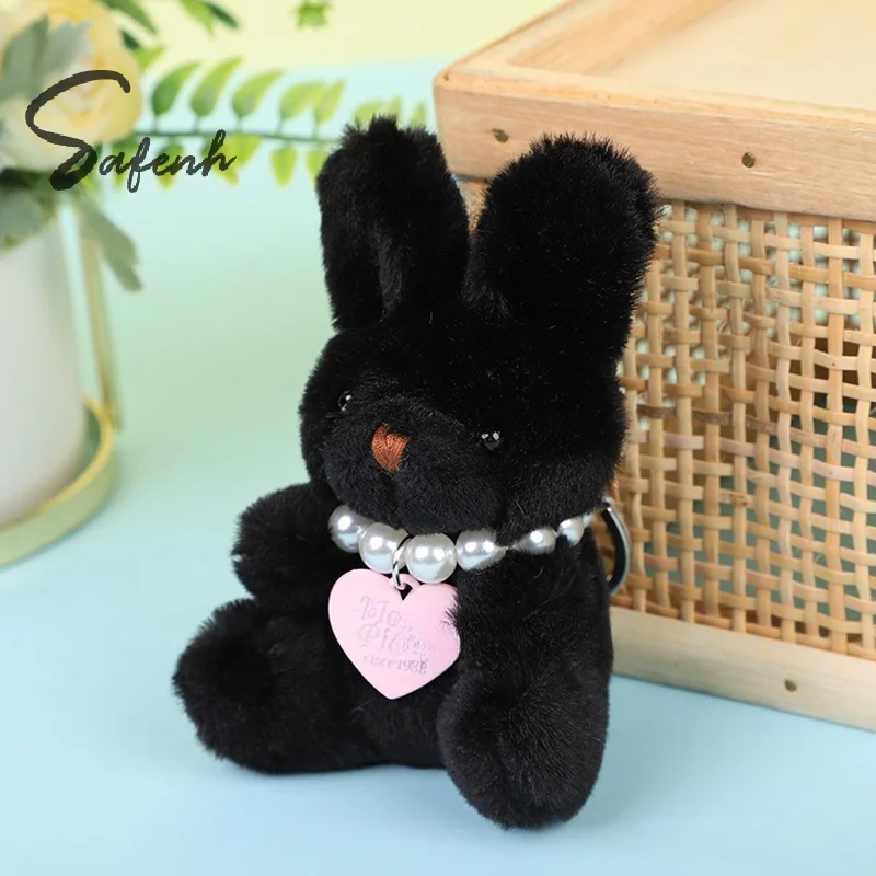 LLavero de conejo negro de dibujos animados para bolso, colgante con dije, Animal encantador y dulce, decoración de perlas y corazón, llavero de felpa para regalo de niñas