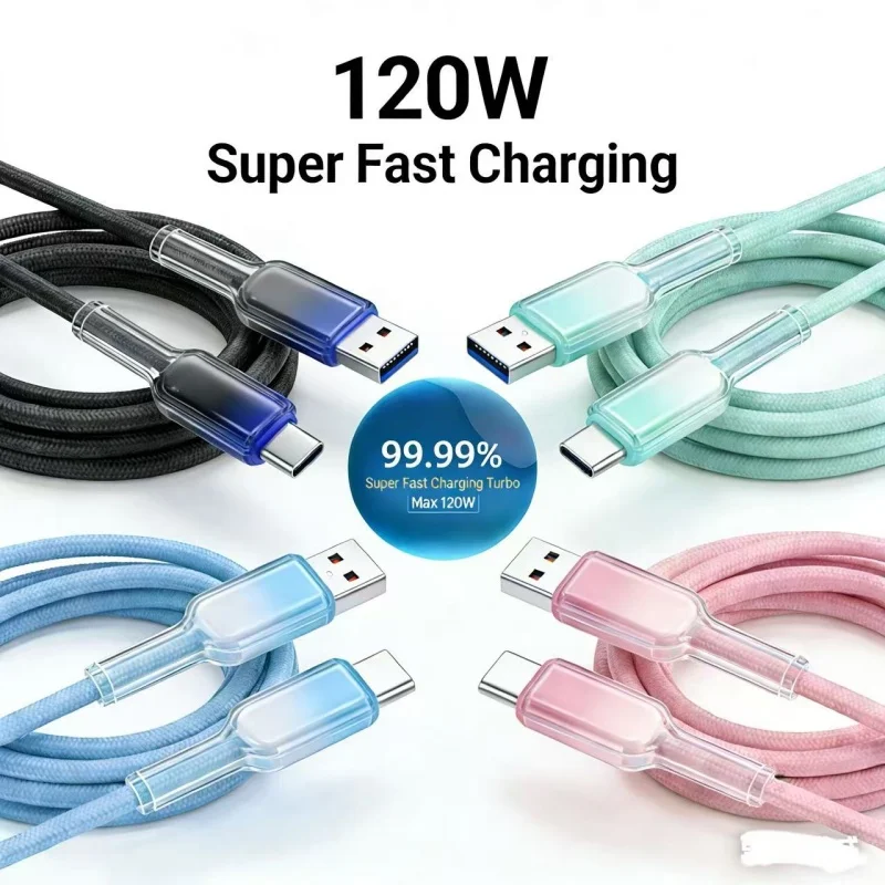 USB to type C Cable 120W Fast Charging Cord For iPhone 17 16 15 Pro Max Air USB To C Colorful Quick Charger Wire For Samsung Xia