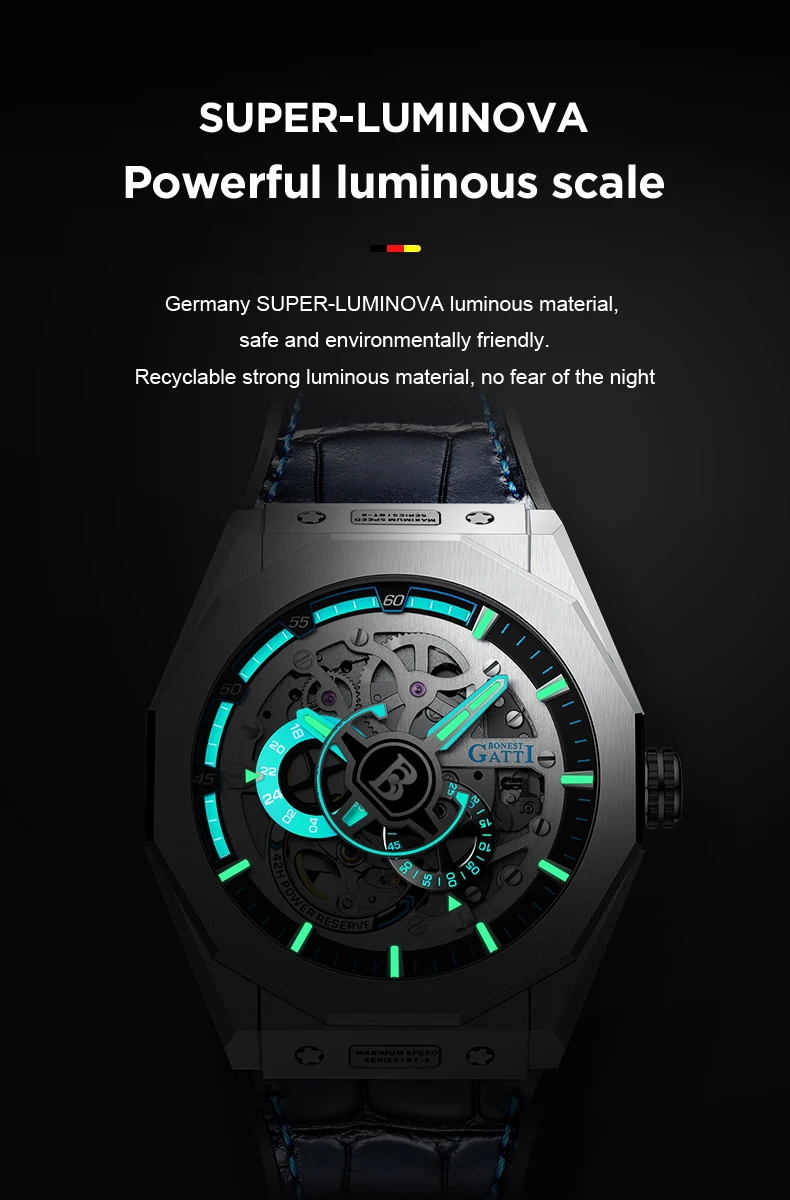 BONEST GATTI ساعة أوتوماتيكية للرجال 42 ملم ساعة يد ميكانيكية عسكرية هيكل عظمي مقاومة للماء ياقوت مضيء
