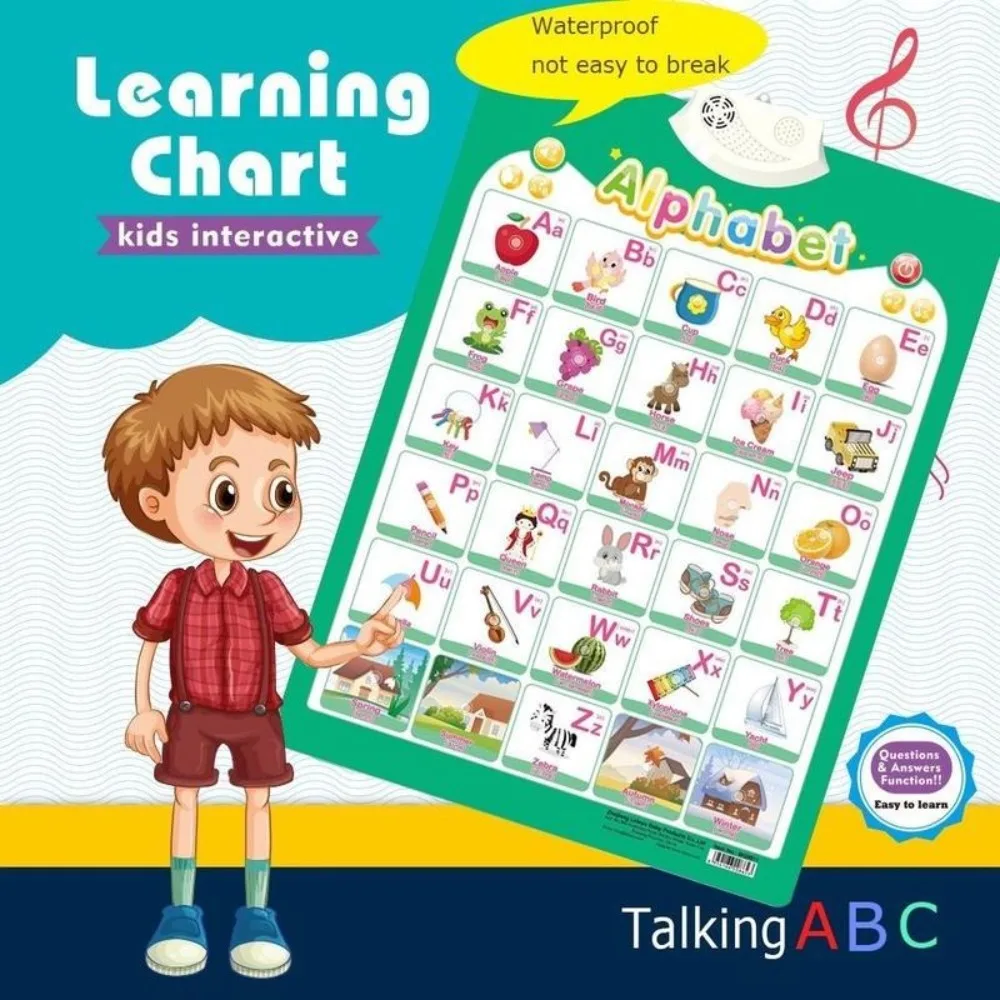 Gráfico electrónico de pared parlante, letras/personajes/números de vehículos/animales/frutas, tabla de pared educativa interactiva con sonido