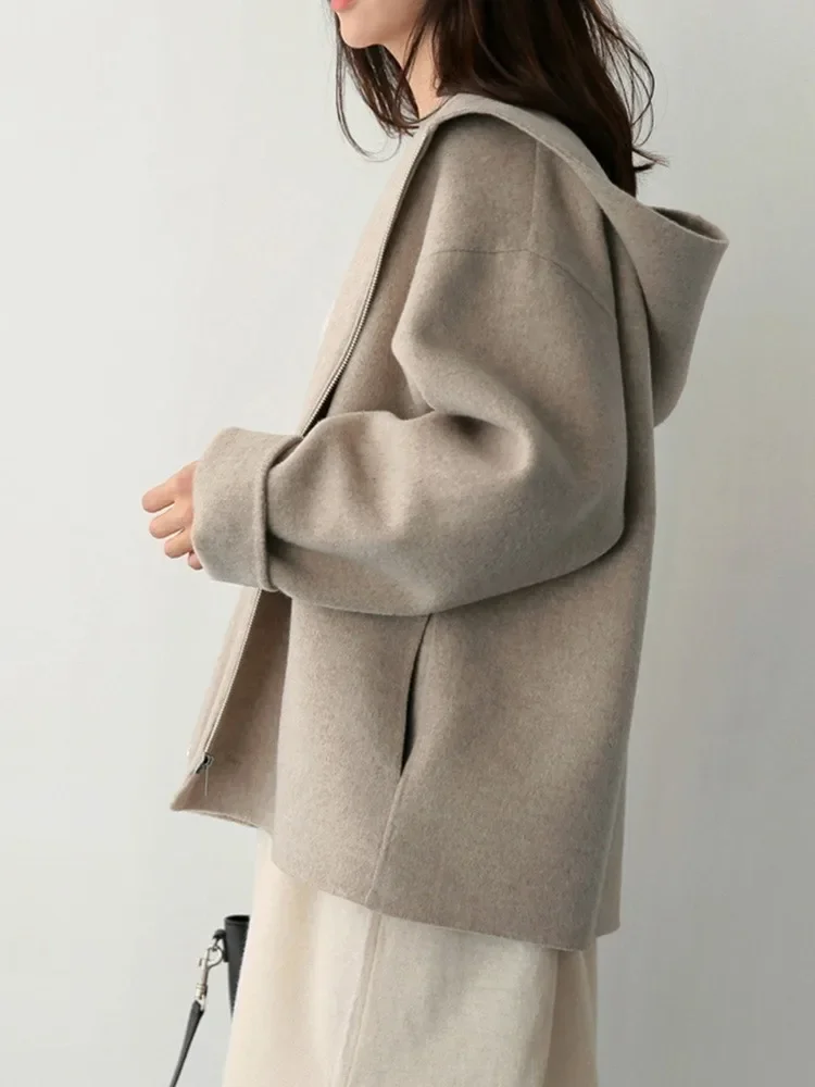 Hooded Woolen Coat Women 2025 Autumn Winter New Korean Edition Version Loose Solid Color Fashion Casual Wool Jacket Y2k