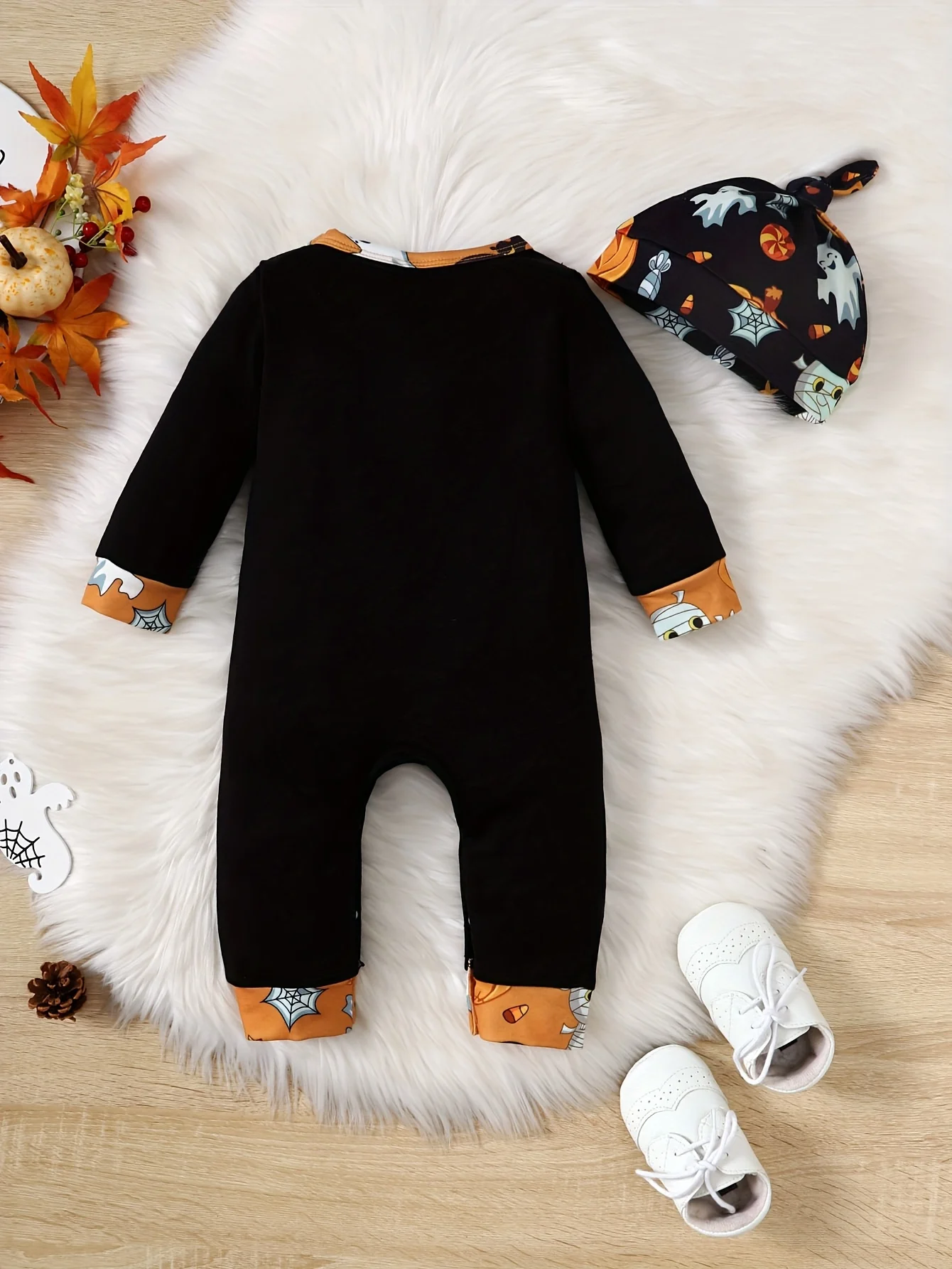 Cute Halloween Patterned Printed Long-Sleeved Jumpsuit + Hat Two-Piece Set