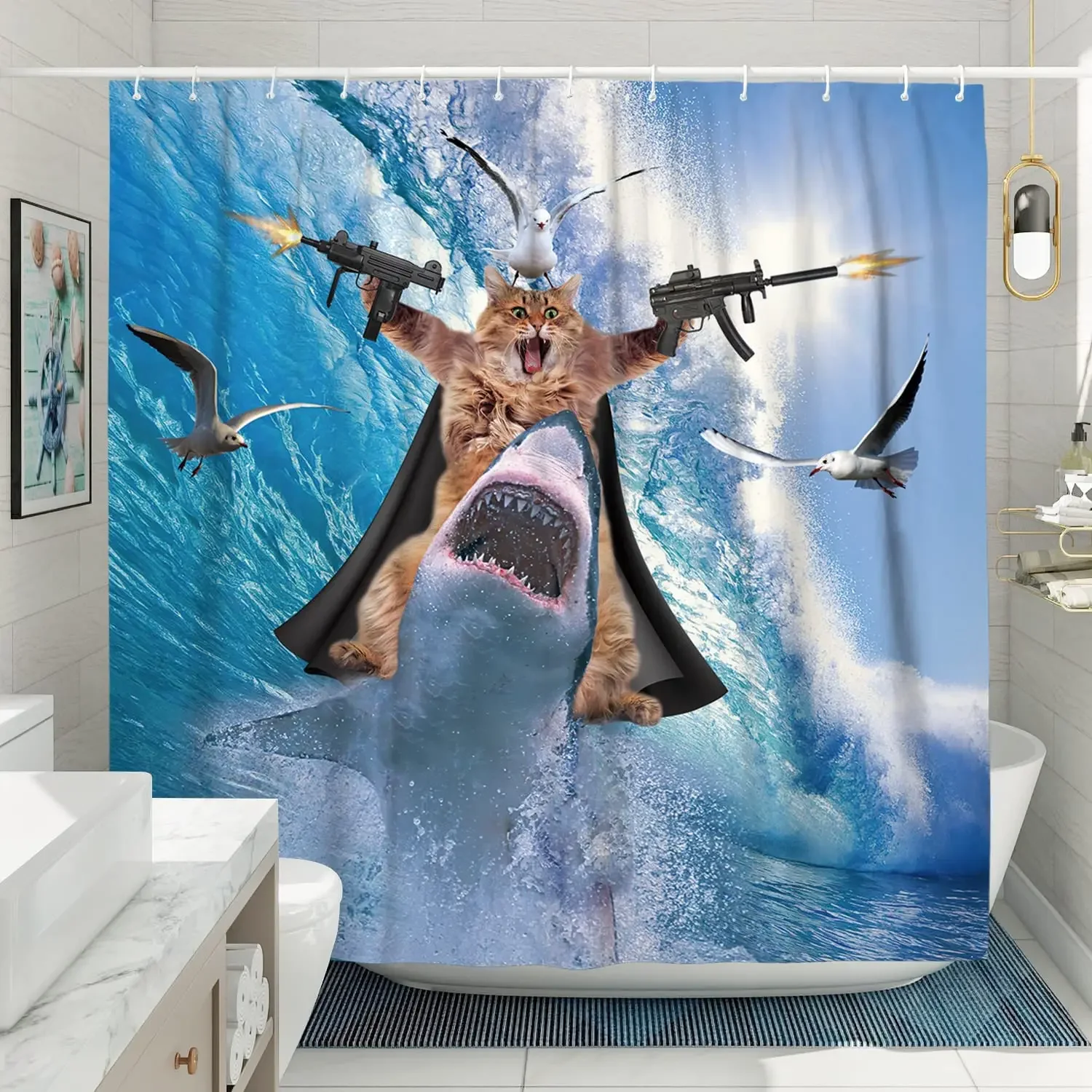 Funny Cat Shower Curtains Sea Waves Sharks Birds Fun Animals Ocean Landscape Fabric Bathroom Decor Children Bath Curtain Sets
