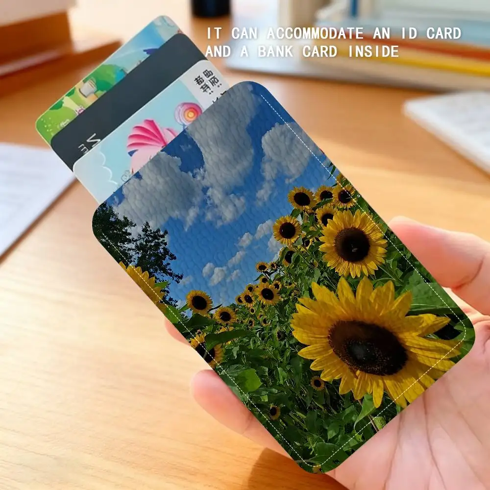 Sunflowers PU Soft Leather Rectangular Keychain Card Holder, Badge Student ID Bus Elevator Card Protector, Fashion Accessory