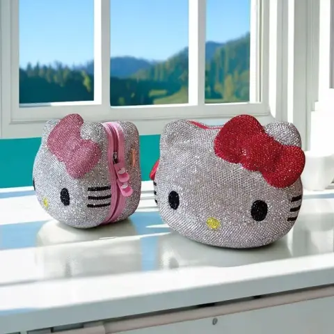 Kawaii Hello Kitty Diamond Bag Anime Cute Girl Y2K Style Handmade KT Bow Chain Crossbody Bag Fashion Versatile Festival Gift