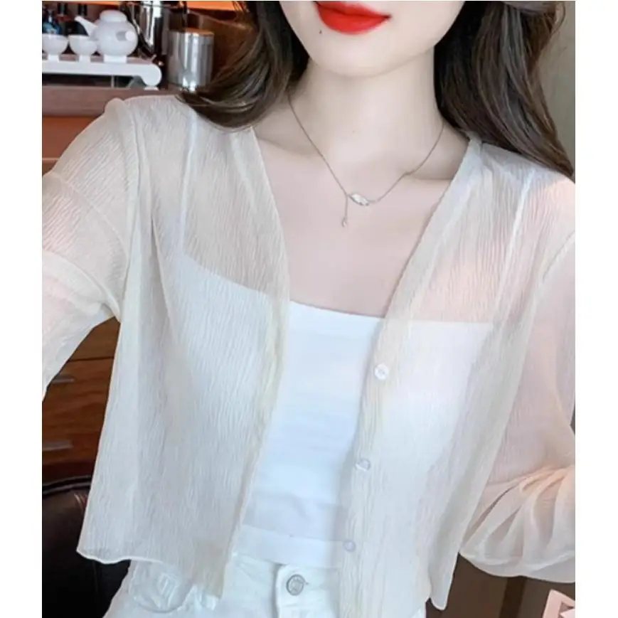 Women's Summer Thin Ice Silk White Chiffon Open Cardigan with Sling Dress Outer Sun Protection Clothing Shawl Short Jacket