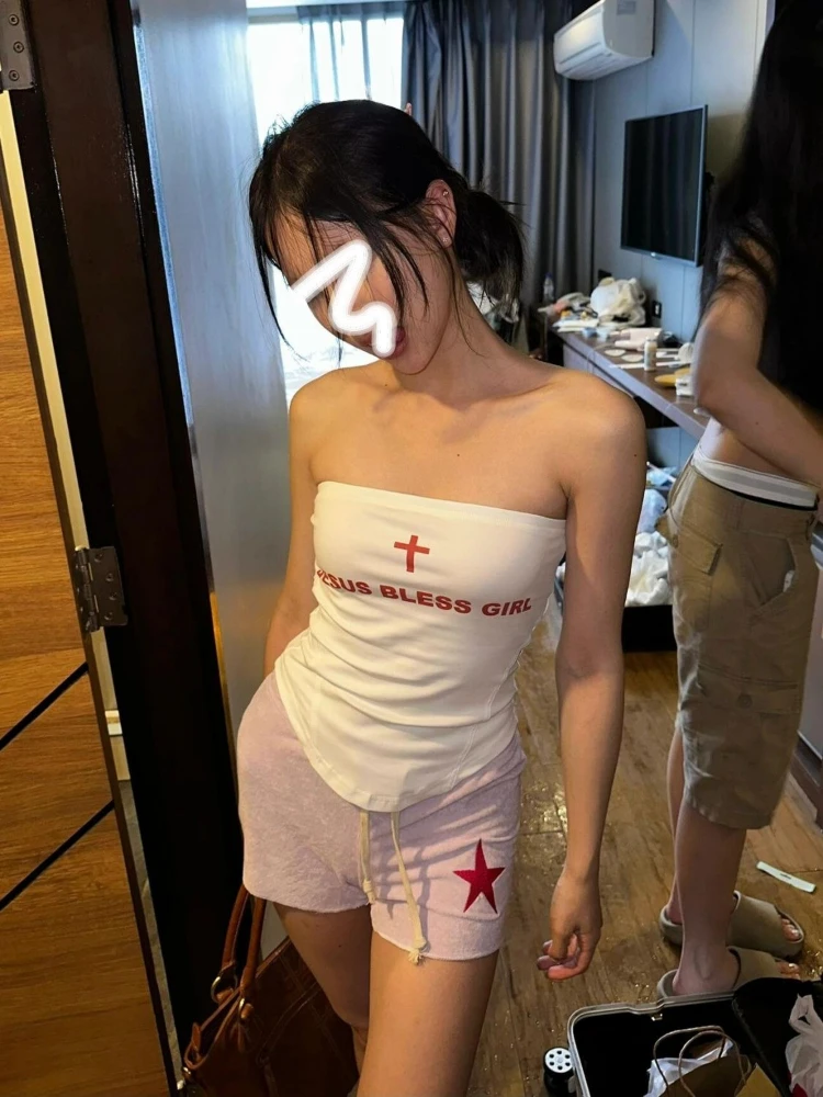 Women Y2k Aesthetic Letter Printing Tube Tops Sexy Streetwear Backless Vintage Tank Top Summer Grunge Irregular Fairy Camisole