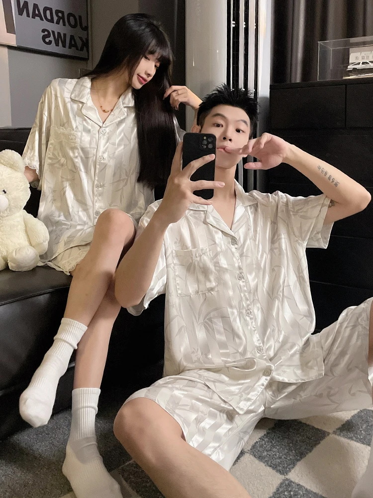 DAIMELU couple pajamas women summer short sleeves ice silk men's thin beautiful super fire loungewear set sleepwear suit nighty