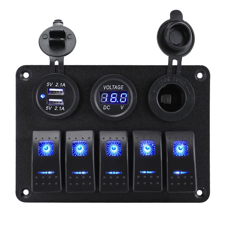 5 Gang Rocker Switch Panel Pre-Wired RV Yacht Marine Panel with USB Cigarette Lighter