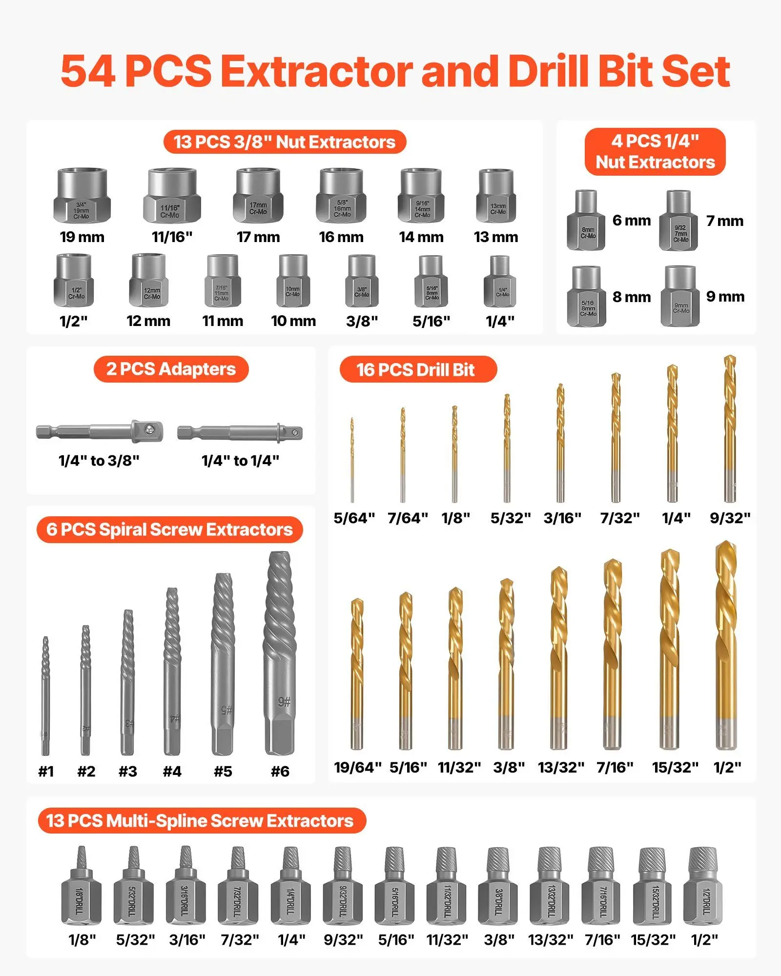 

Набор экстракторов для винтов с насадками для дрели, 54 предмета, экстракторы для гаек и болтов Easy Out и насадки для дрели, с адаптерами, прочный кейс для хранения
