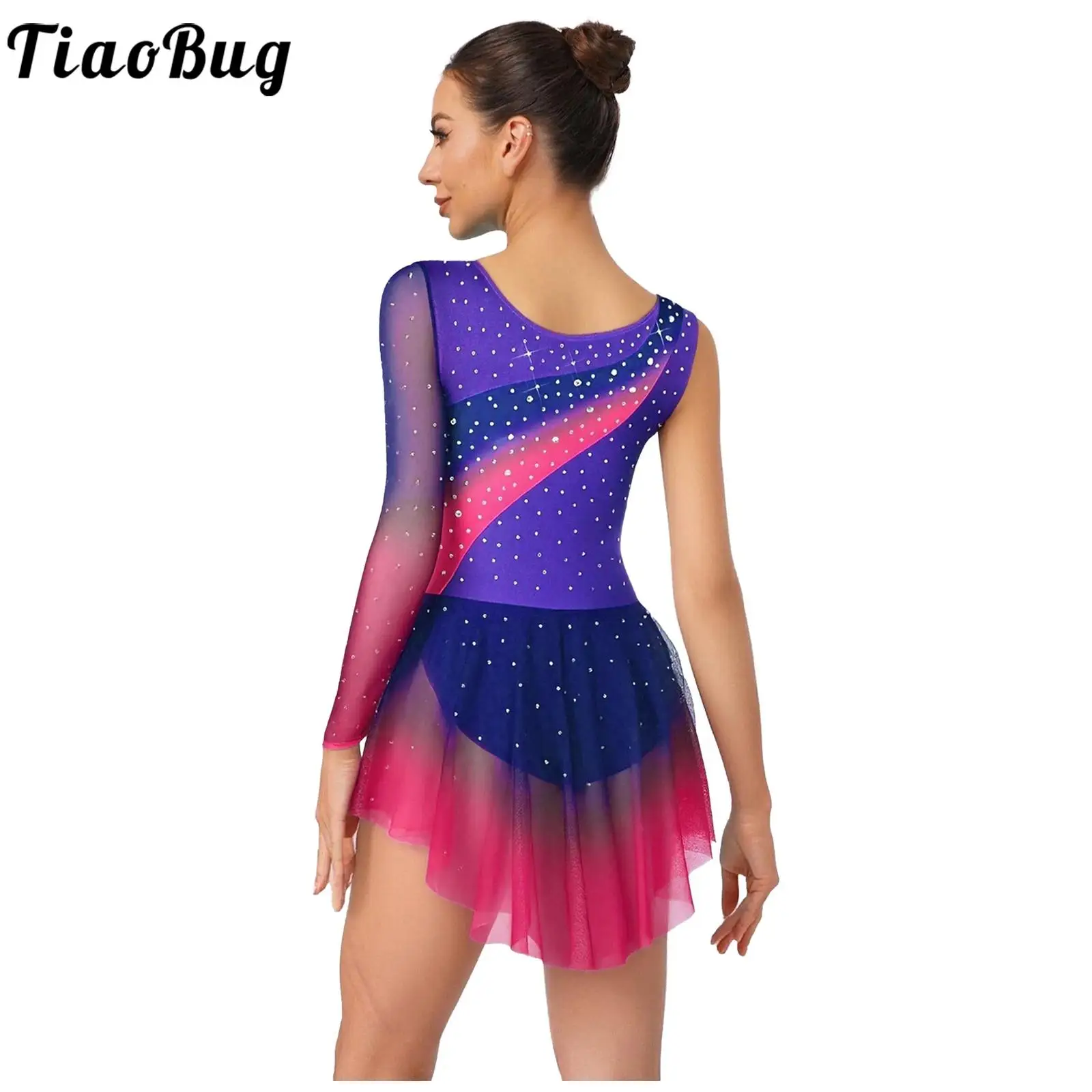 Mulheres gradiente patinação artística collants vestido rítmico ginástica ballet dança trajes strass malha irregular bainha bodysuit
