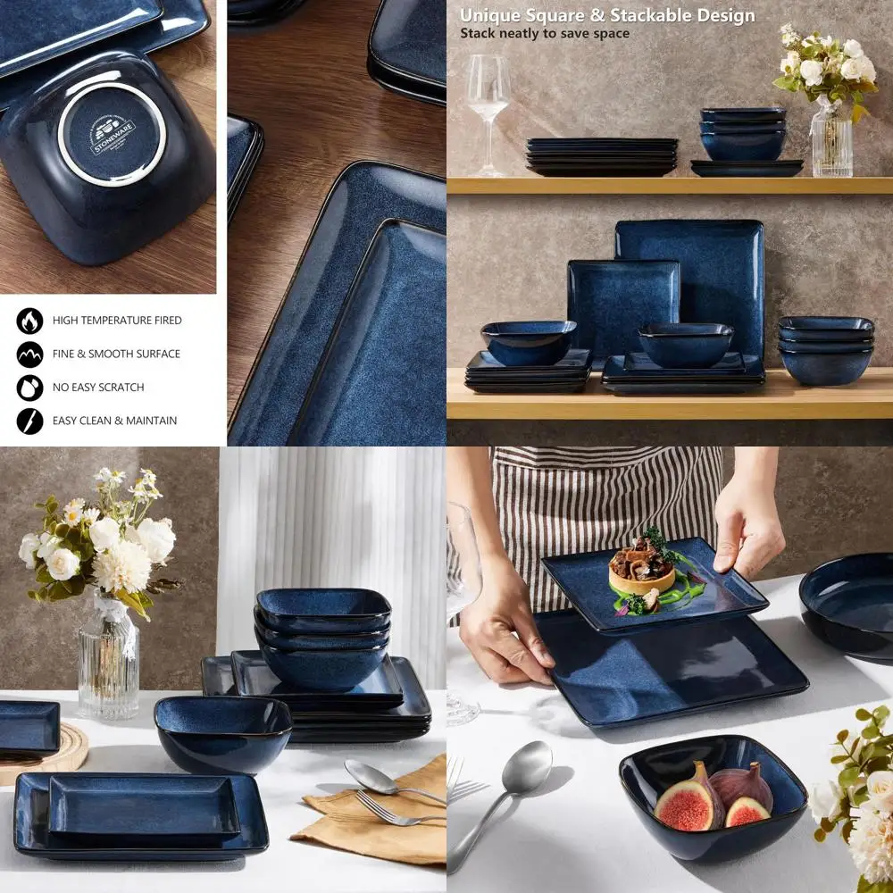 

Набор столовой посуды из керамики, 12 предметов, темно-синяя реактивная глазурь, микроволновая печь и можно мыть в посудомоечной машине, 4 шт.